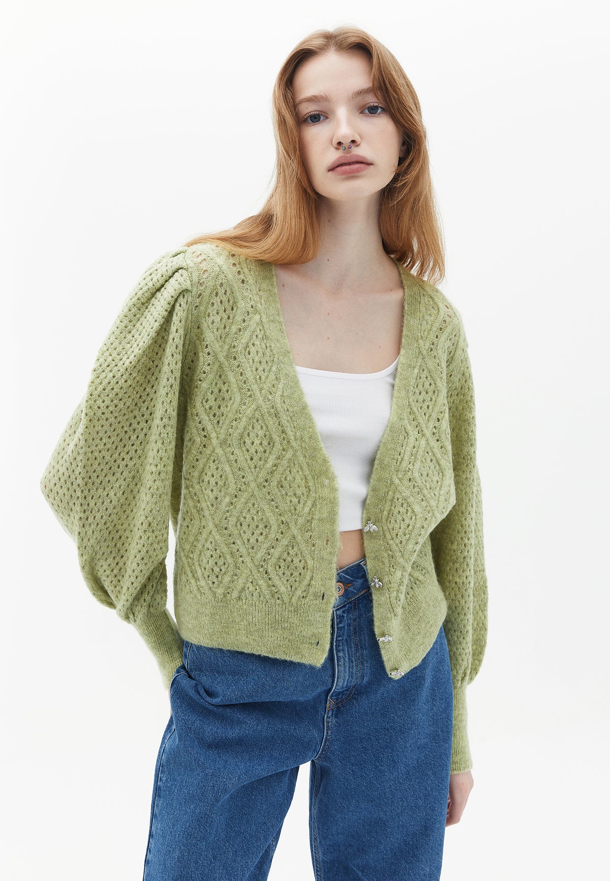 Women's Cardigan, Balloon Sleeve Cardigan, Deep V-Neck, Long Sleeve Cardigan, Knit Cardigan - WINTER PEAR