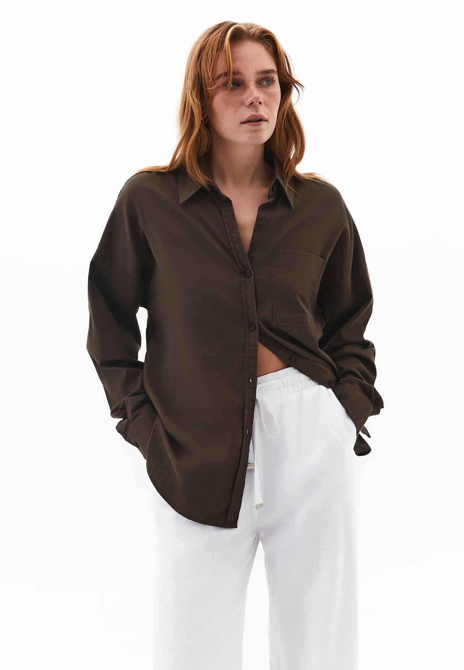 Buttoned Shirt Collar Oversize Shirt - WREN