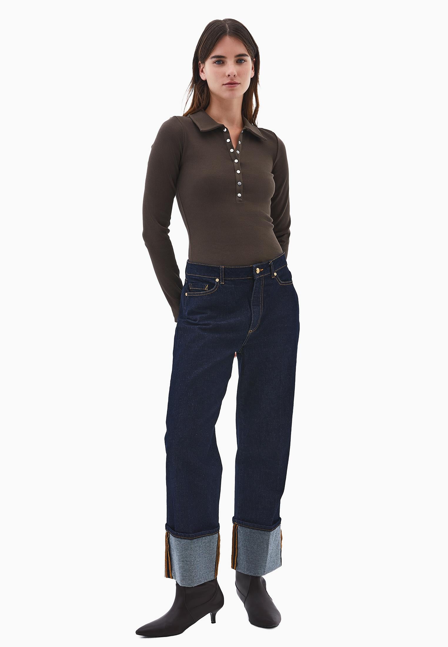 Polo Collar Long Sleeve Bodycon T-Shirt - WREN