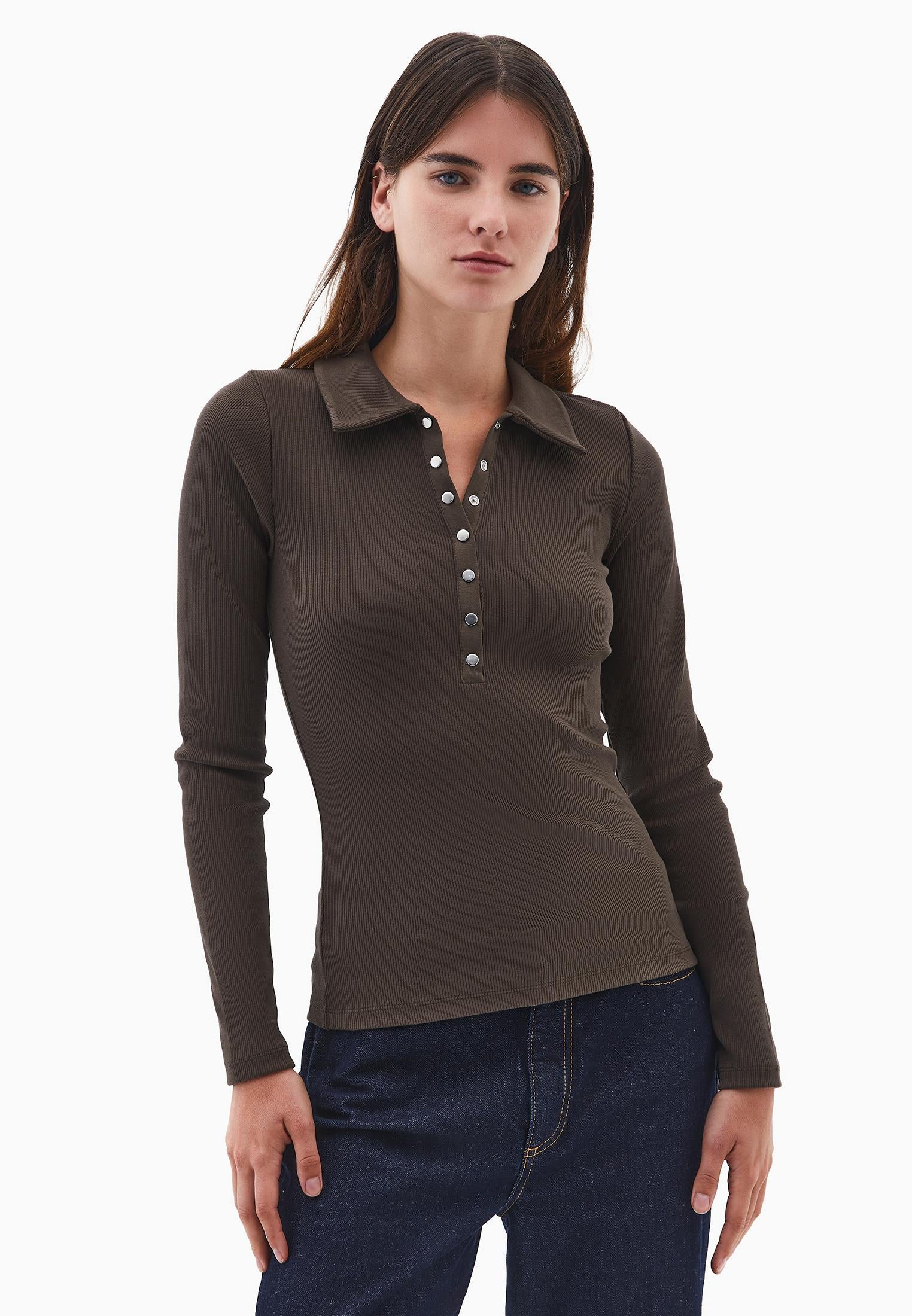 Polo Collar Long Sleeve Bodycon T-Shirt - WREN