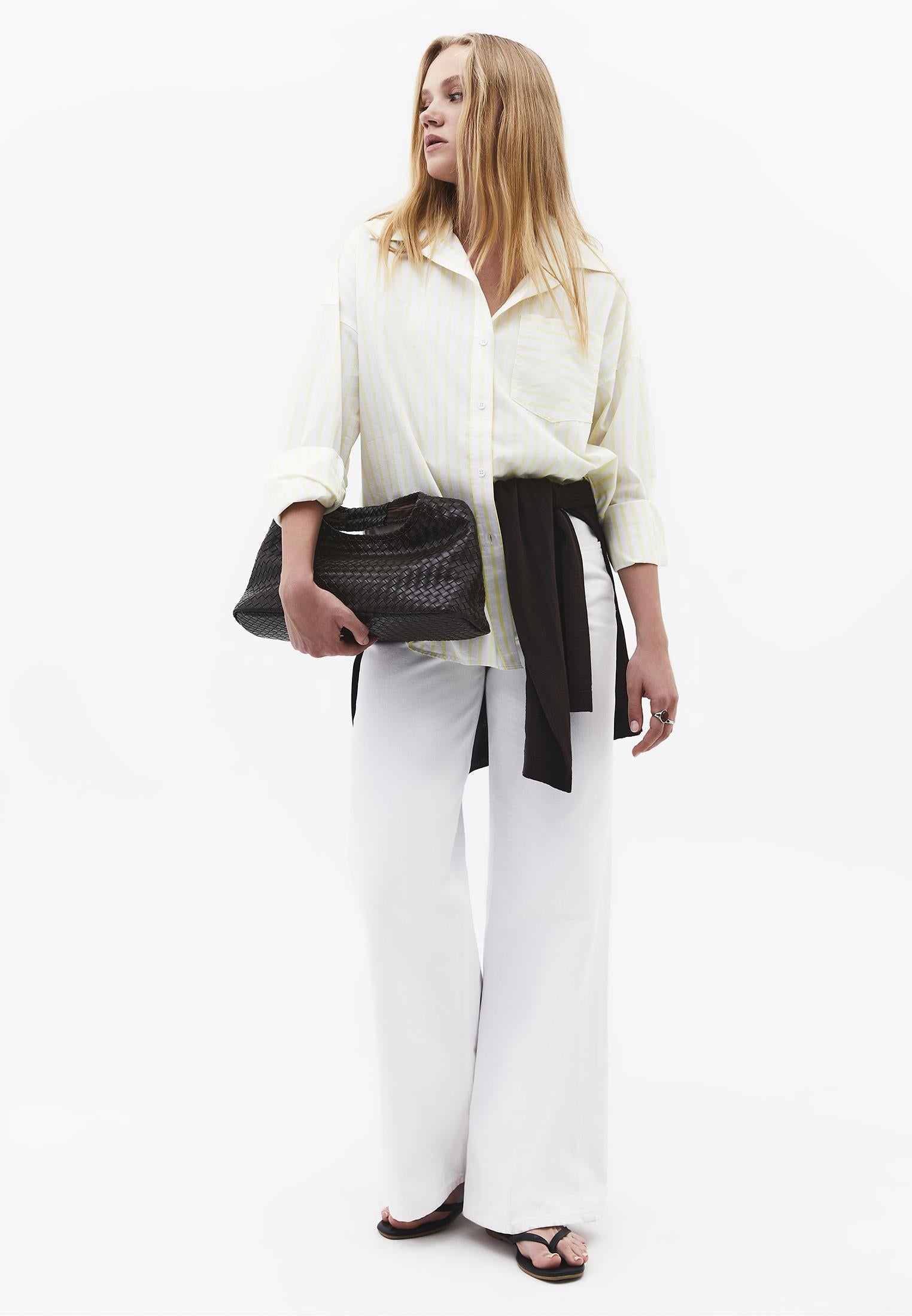 Oversize Shirt Collar Long Sleeve Shirt - YELLOW PEAR STRIPE