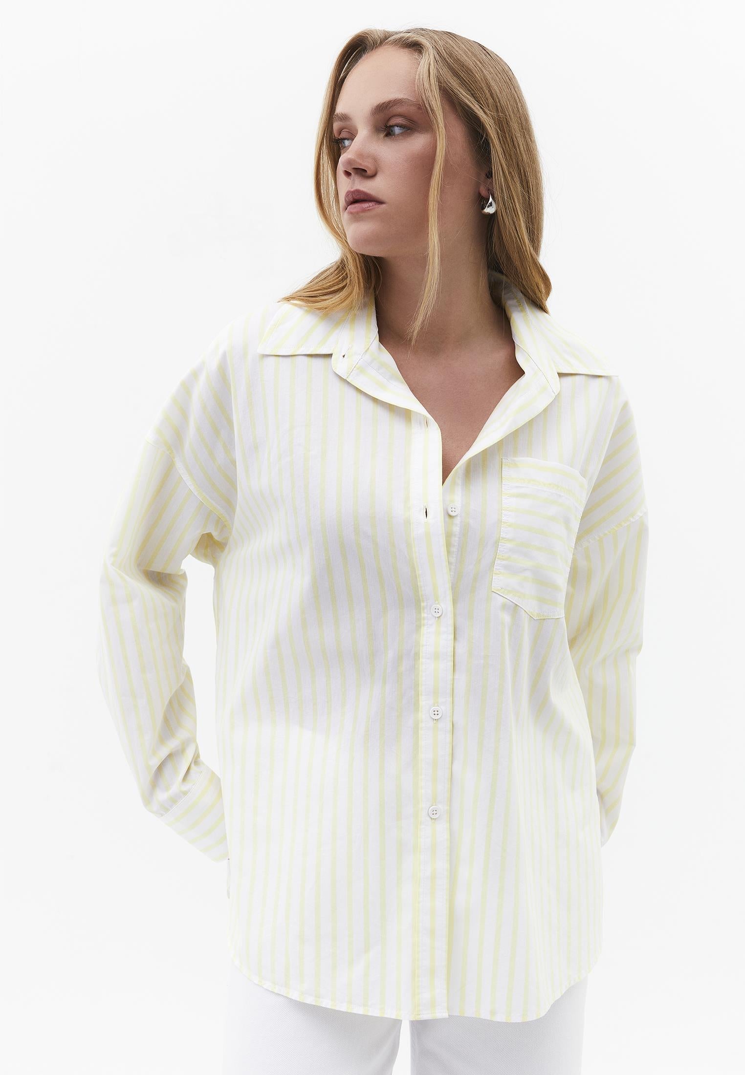Oversize Shirt Collar Long Sleeve Shirt - YELLOW PEAR STRIPE